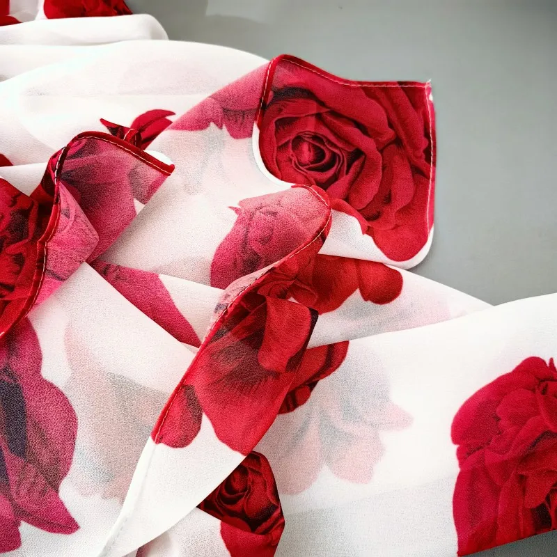 Romantic Red Rose Print Chiffon Summer Scarf Shawl Women Wraps Lady Flower Swim Sarong