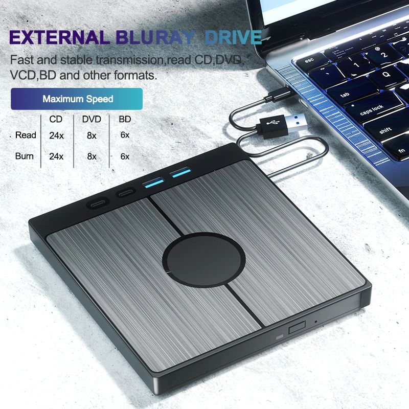 7-in-1 External Blu ray Optical Drive Portable Bluray Player CD DVD Recorder Burner Reader For Laptop PC Windows Mac