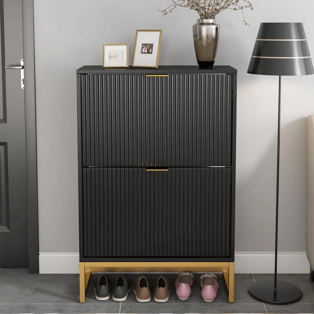 

Shoe Cabinet Storage for Entryway Slim Modern Shoe Rack Cabinet with 2 Flip Drawers Tipping Wooden Narrow Shoe Cabinet Freestand