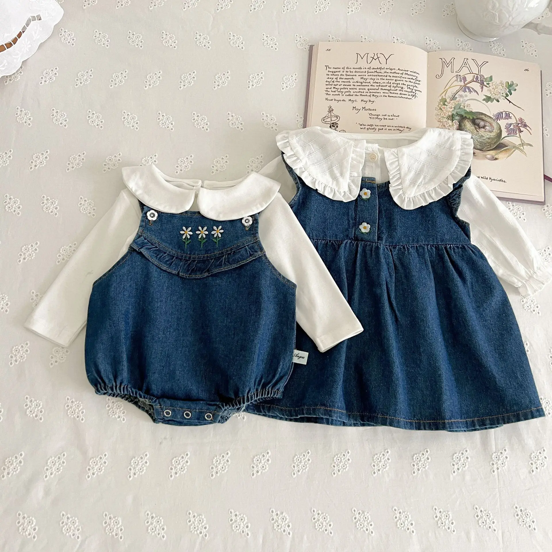 2024 Korean Autumn Baby Girls 3PCS Clothes Set Cotton Long Sleeve Tops Denim Coat Rompers Vest Jeans Suit Toddler Girls Outfits