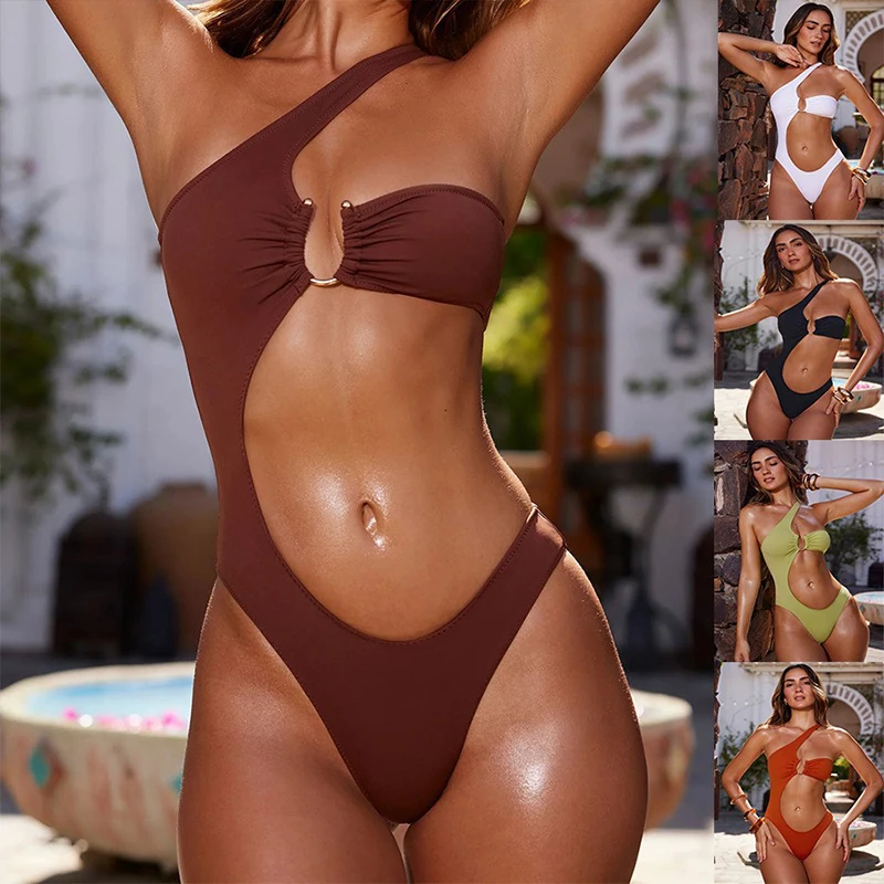Hanging Neck Bikini Solid Color Single Shoulder Sexy Strapless One-piece Woman Swimsuit Female Clothing Women's Summer Dress