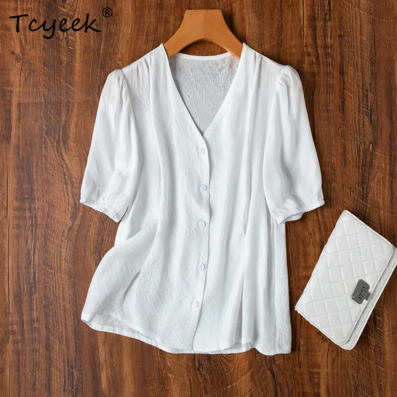 

Женские рубашки Tcyeek из 100% натурального шелка тутового шелкопряда, элегантные рубашки, весенне-летняя одежда, белая рубашка с коротким рукавом, Camisas De Mujer
