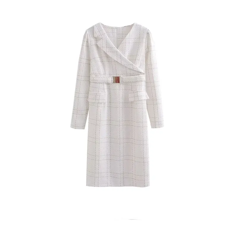 2024 Spring/Autumn White Tweed Dress New Small Fragrant Long sleeved Checkered Women's Dress