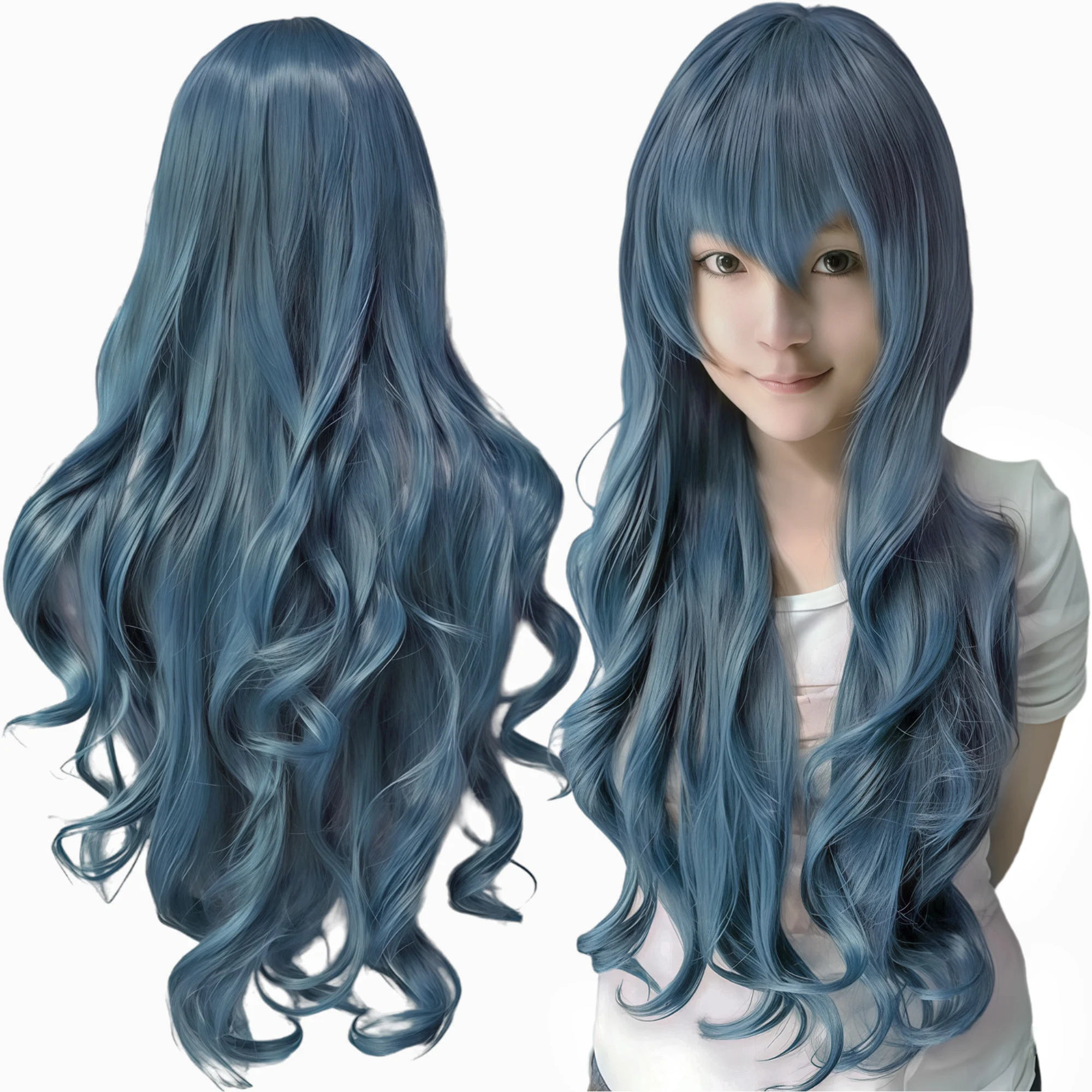 Peluca de Cosplay de Cabello Sintético Azul Polvoriento, Peluca de Anime Rizada Estilo Lolita Esdeath, Peluca de Juvia Lockser para Disfraz de Halloween
