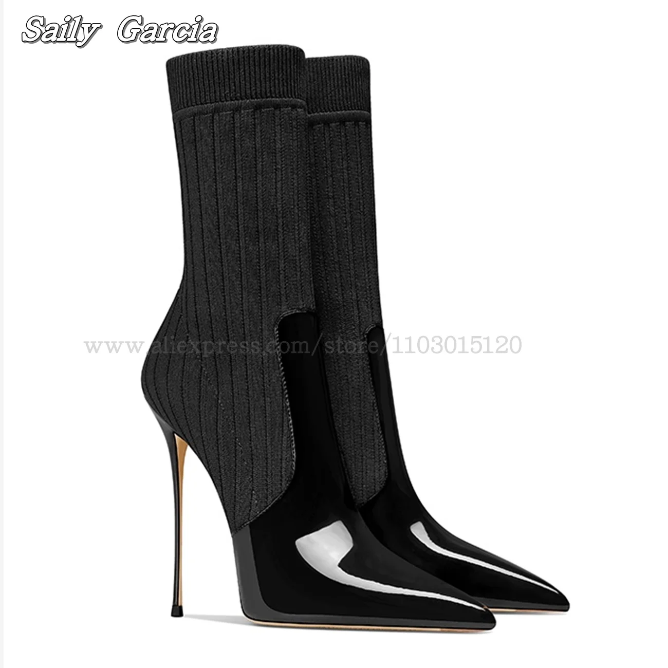 Sheepskin Knitted Grace Lady Stiletto High Heels Autumn/Winter New All-Match Sexy Pumps Pointed Toe Patent Leather Stretch Boots