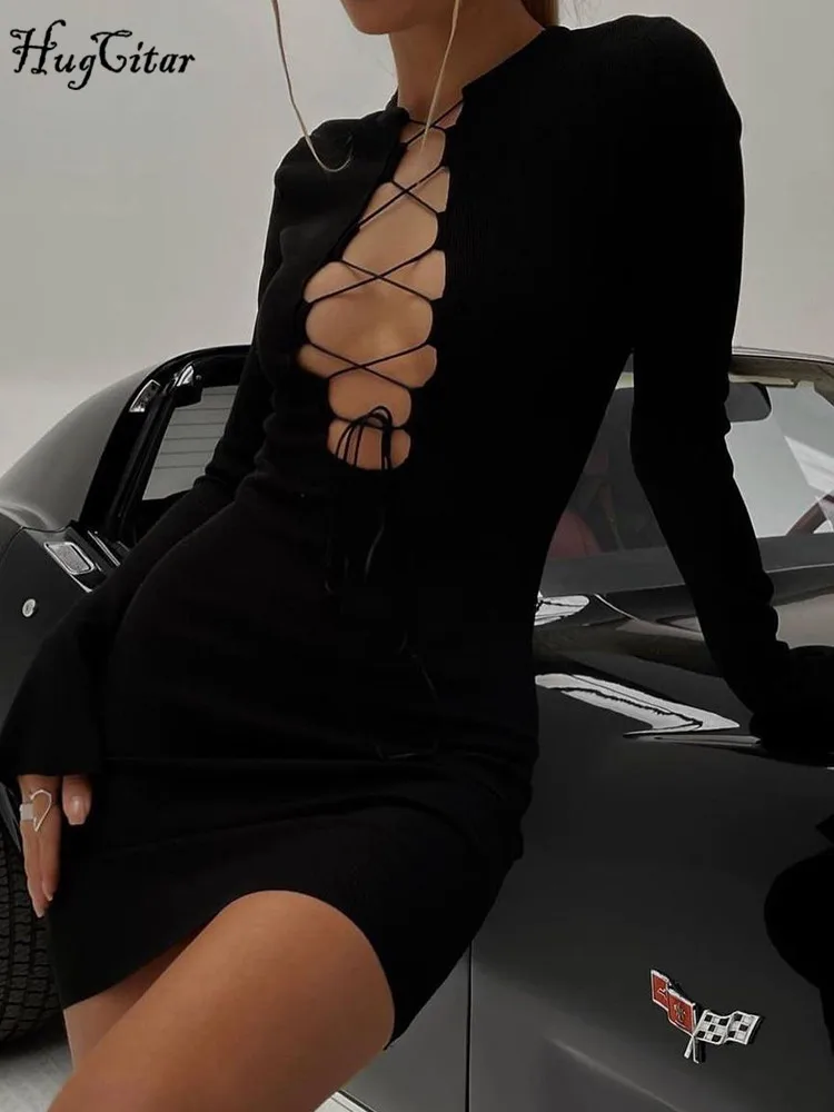 Hugcitar gerippt solide lange Flare Ärmel aushöhlen Bodycon Mini Ballkleid 2023 fallen elegante sexy Nacht Party Club Y2k Kleidung