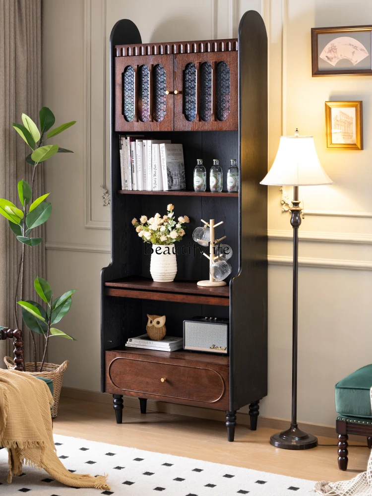 

French Retro Solid Wood Bookcase American Living Room Vintage Style Bookshelf Storage Display Cabinet Integrated