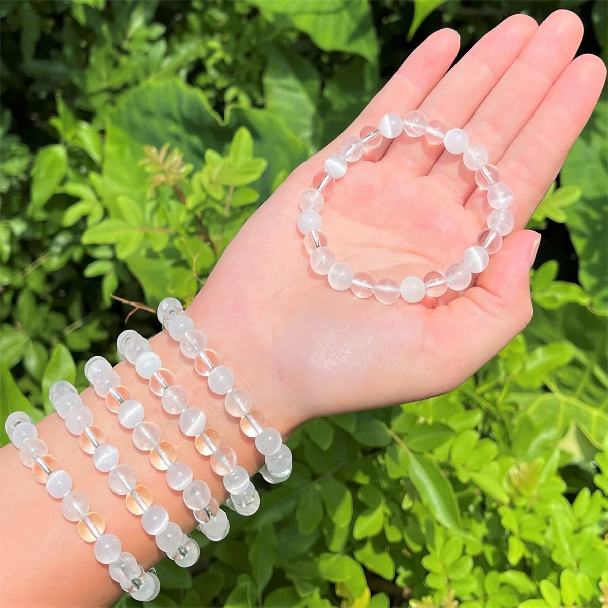 White Light Bracelet: Quartz, Clear Quartz and Selenite 8mm Round Healing and Spiritual Crystal (Meditation Bracelet, Gift)