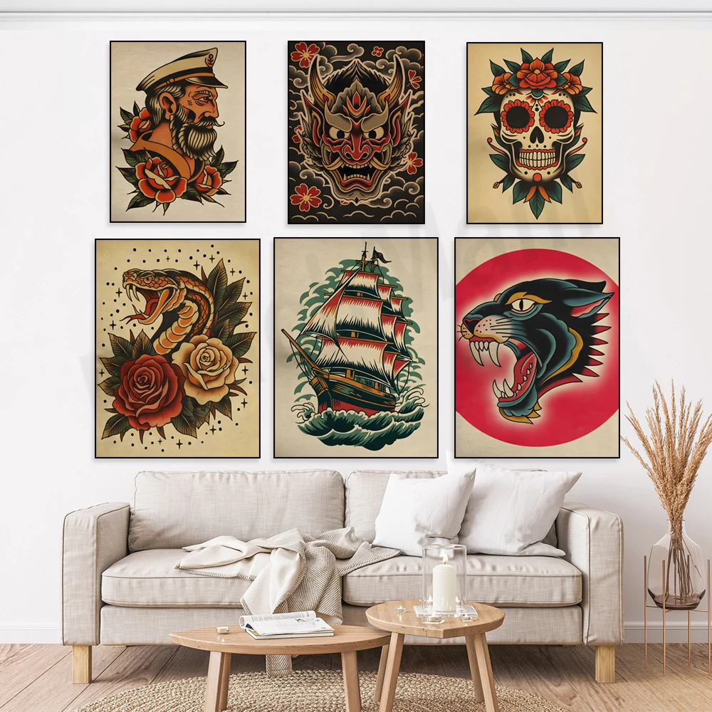 American traditional tattoo eagle, cobra, shark with anchor, panther, dragon, sailor tattoo poster vintage tattoo art decoration
