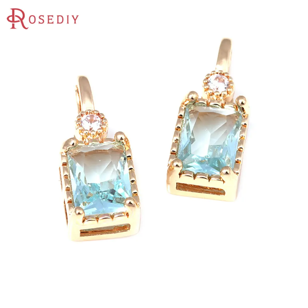 6PCS 18K Gold Color Brass Zircon Glass Large Hole Rectangle Charms Pendants Diy Jewelry Making Necklace Accessories for Women