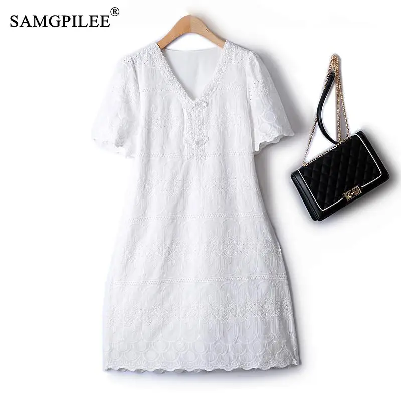 

European Station Light Luxury V-neck Sequin Embroidery Hollow Flower A-shaped Fashion Lace Elegant Casual Women's Dresses 4XL