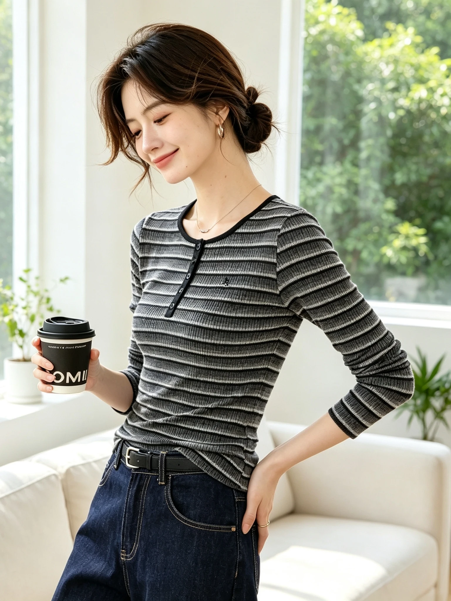 Slim Fit Knitted Sweater round Neck Long Sleeve Black Stripe Women's Fashion Autumn Winter Top Quality Polyester Casual Wear
