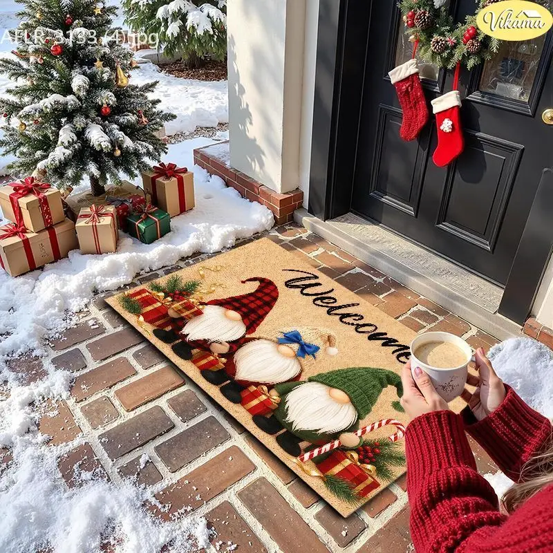 VIKAMA Welcome Gnome Plaid Gift Entryway Rug Non Slip Low Profile Mats for Outside Front Door Xmas Winter Decor Washable