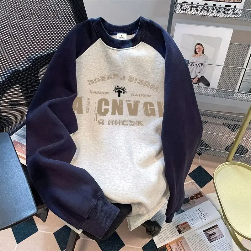 

Shoulder Sweater Men's Thickened American Retro Lazy Style Advanced Autumn and Winter Velvet Feeling Hatless Trendy Women