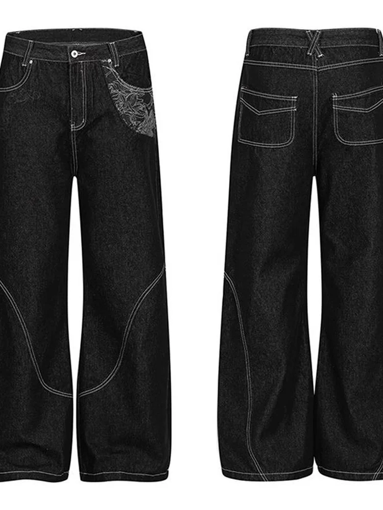 

American High Street Black Original Flower Embroidery Jeans Patchwork Design Men's Micro Flare Long Pants Casual Wear