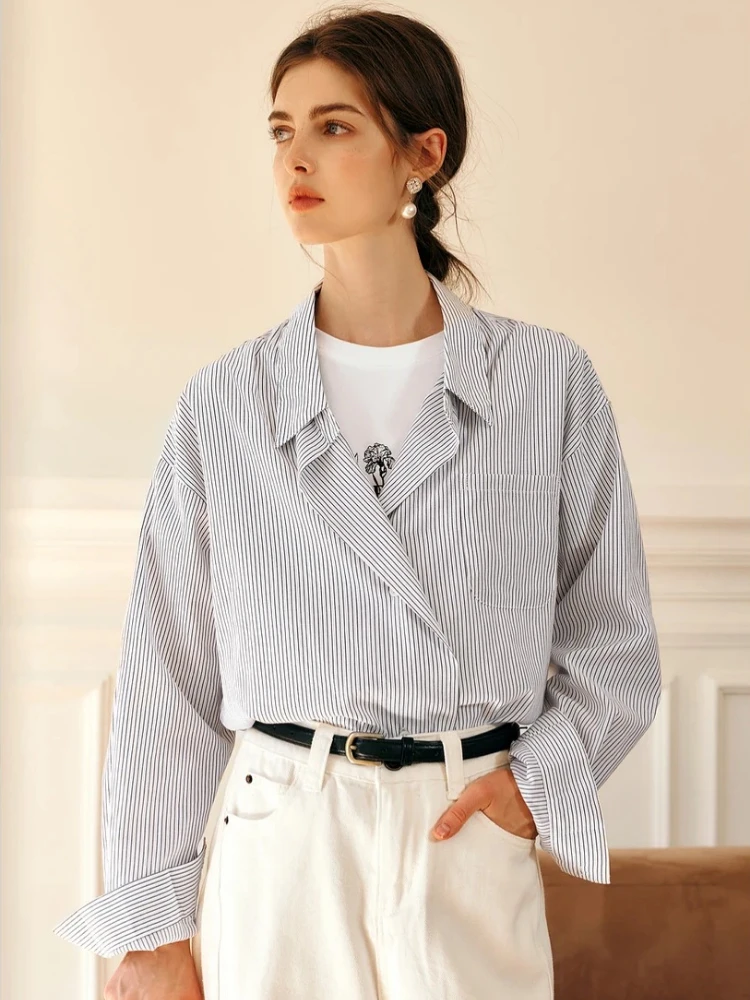 

OLrain Women's Striped Shirt Cotton 2025 Autumn Design Turn Down Collar Long Sleeve Commute Workwear Pockets Blouses M57CC95806