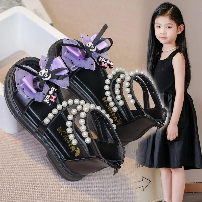 

26-37 Beaded Children's Sandals for Girls Shoes for Kids Gladiator Summer Soft Flat Heels Beach Princess Fashion Bow Tie Shoes
