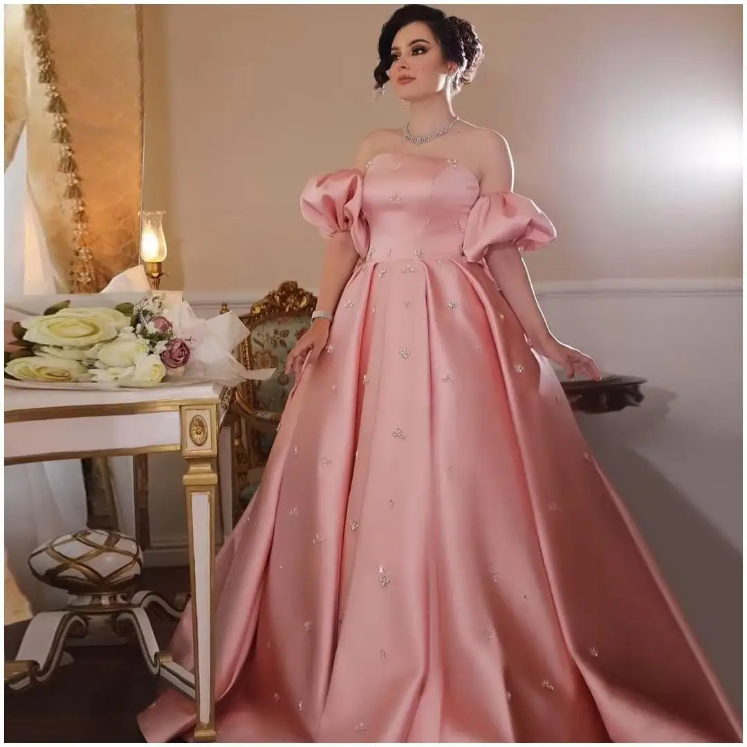 Pink Strapless Prom Dresses 2025 Satin Puff Sleeve Crystal A-Line Backless Pleated Floor-Length Wedding Party Dresses Customized