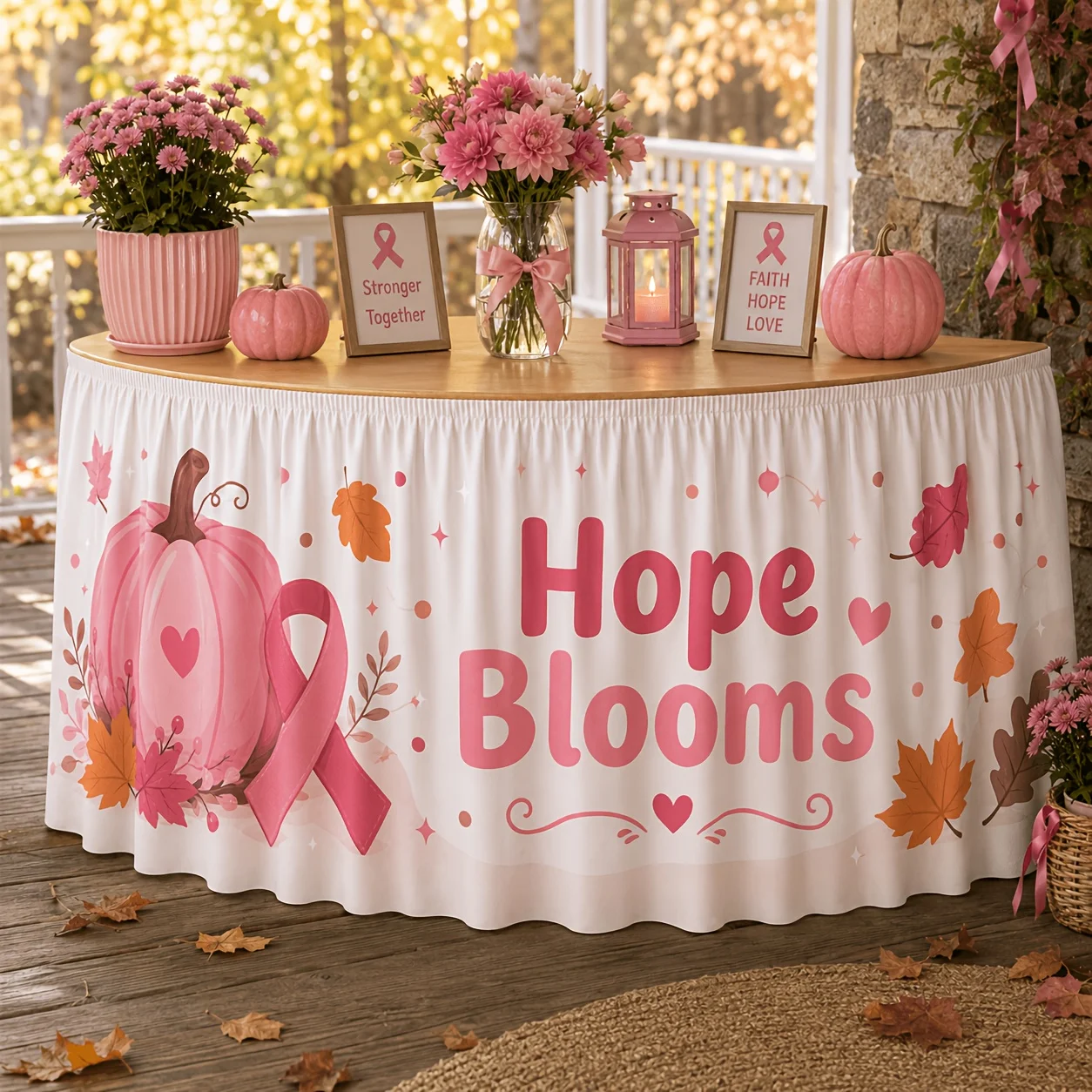 1 falda de mesa con diseño de calabaza rosa, para el mes de la concienciación sobre el cáncer de mama, otoño.