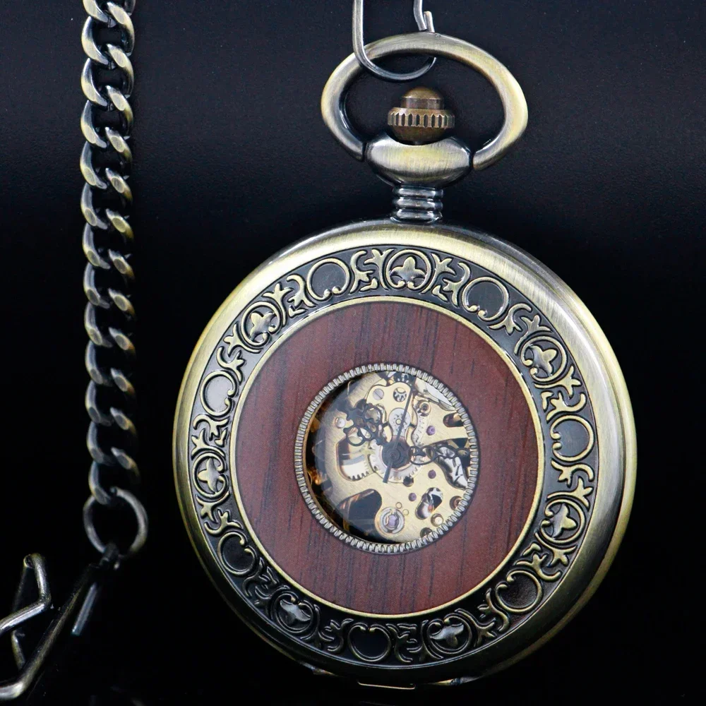 Solid Wood Mechanical Pocket Watch FOB Chain Locket Dial Hollow Steampunk Skeleton Men Women Mens Male Clock Watches