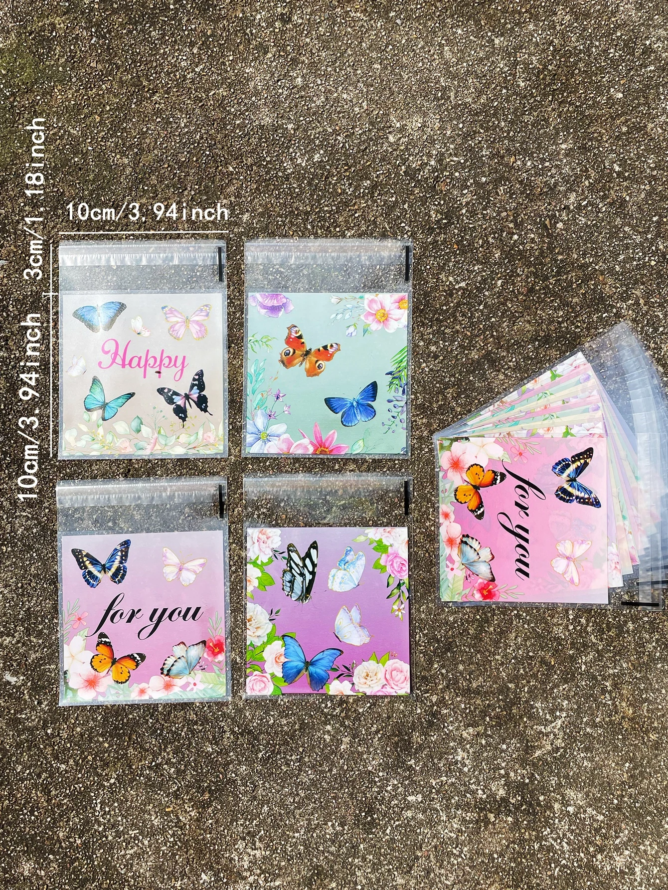 100pcs 컬러 나비 패턴 작은 선물 장식 OPP 셀프 씰링 가방, 로맨틱 꽃 해피 영어 인쇄 선물 사탕 가방