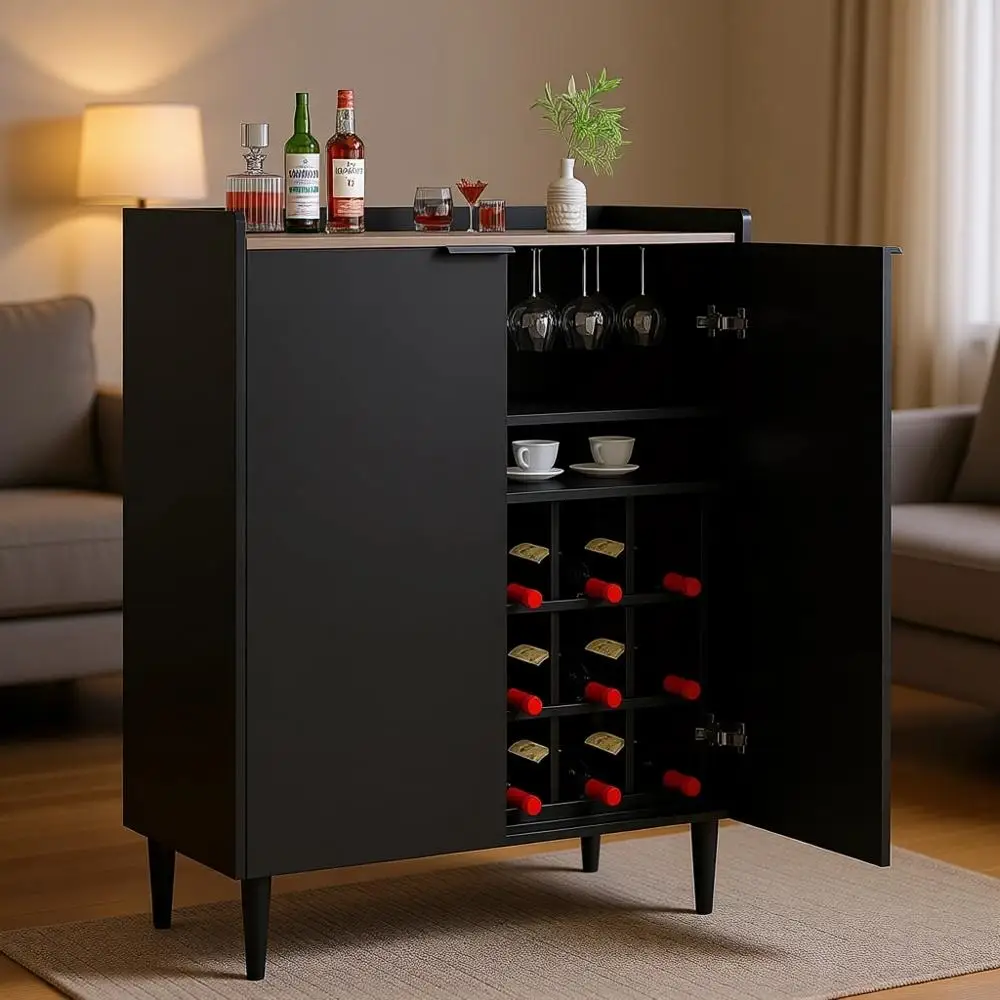 37 Industrial-Style Kitchen Bar Cabinet with Removable Wine Racks, Black