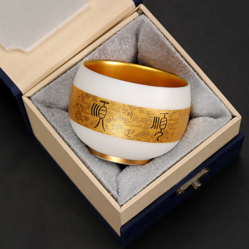 Gold Plated Ceramic Master Tea Cup Sheep Fat White Porcelain Tea Bowl Kung Fu Tea Tasting Cup Teaware Home Decor Gift With Box