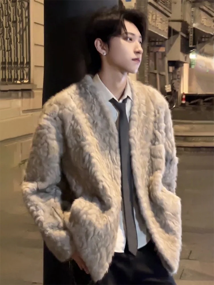 

Thiened Warmth Men's Leather Fur Inteated Jaet Winter Korean Sle Casual Long Sve Button Closure Color Coat