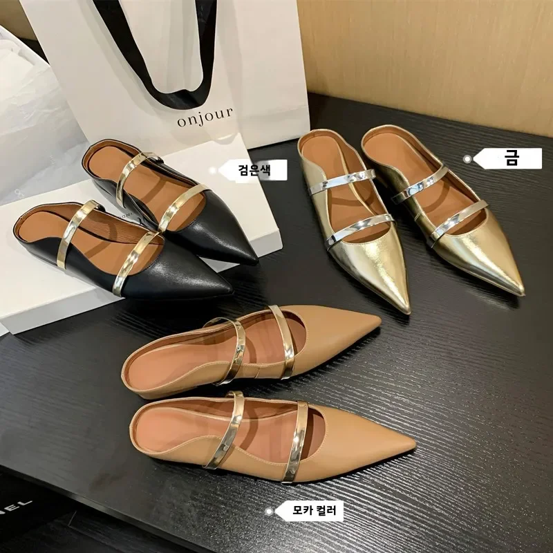 

Leather Flat Backless Mules Pointed Toe Semi-Slipper Women Summer Outdoor Wear Casual Comfortable Flats Slish Slip-On Shoes