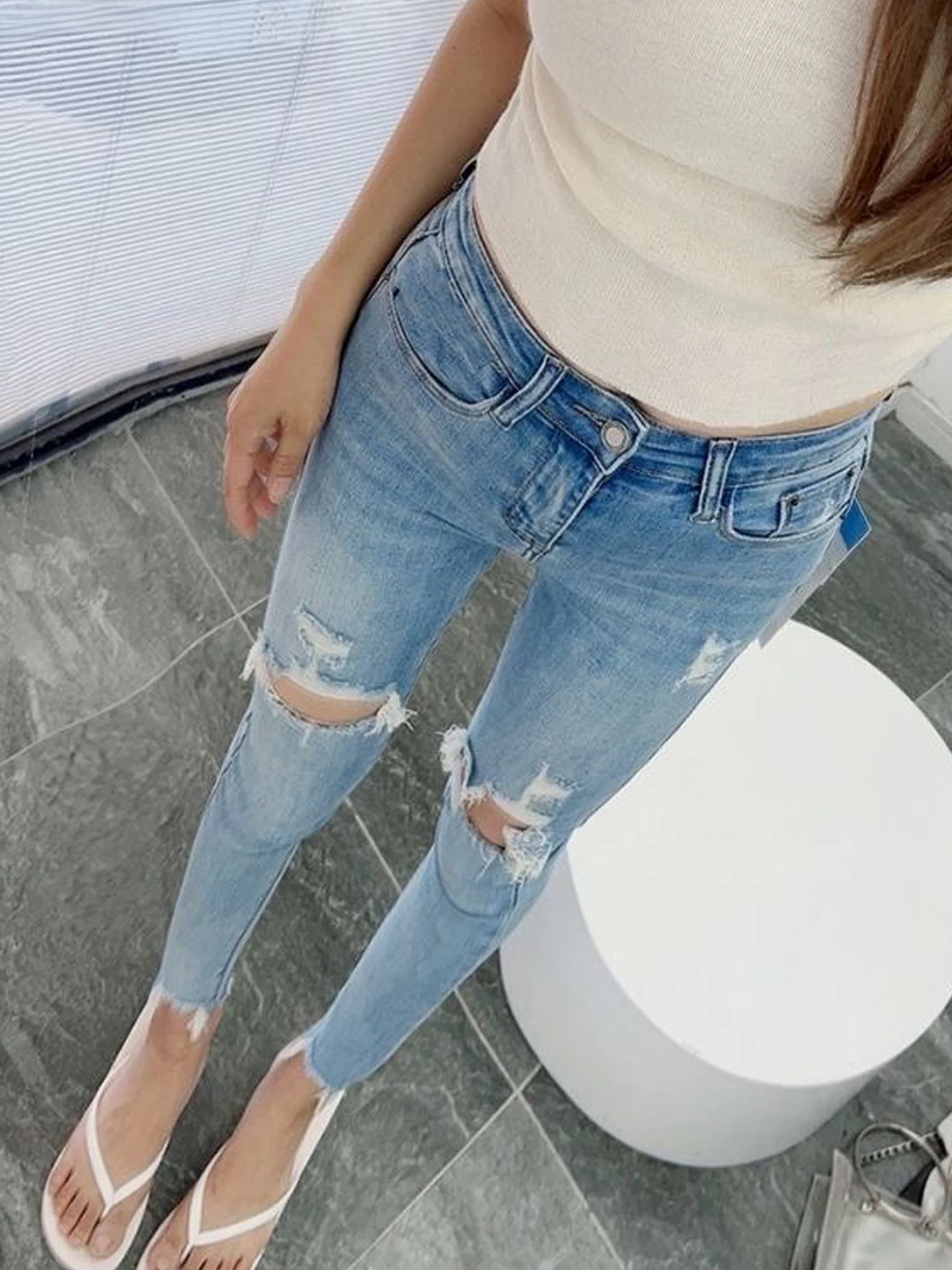 

Женские джинсы с ретро-эффектом и эффектом потертости, с высокой талией, облегающие, летние, новый стиль, эластичные, укороченные (7/8)