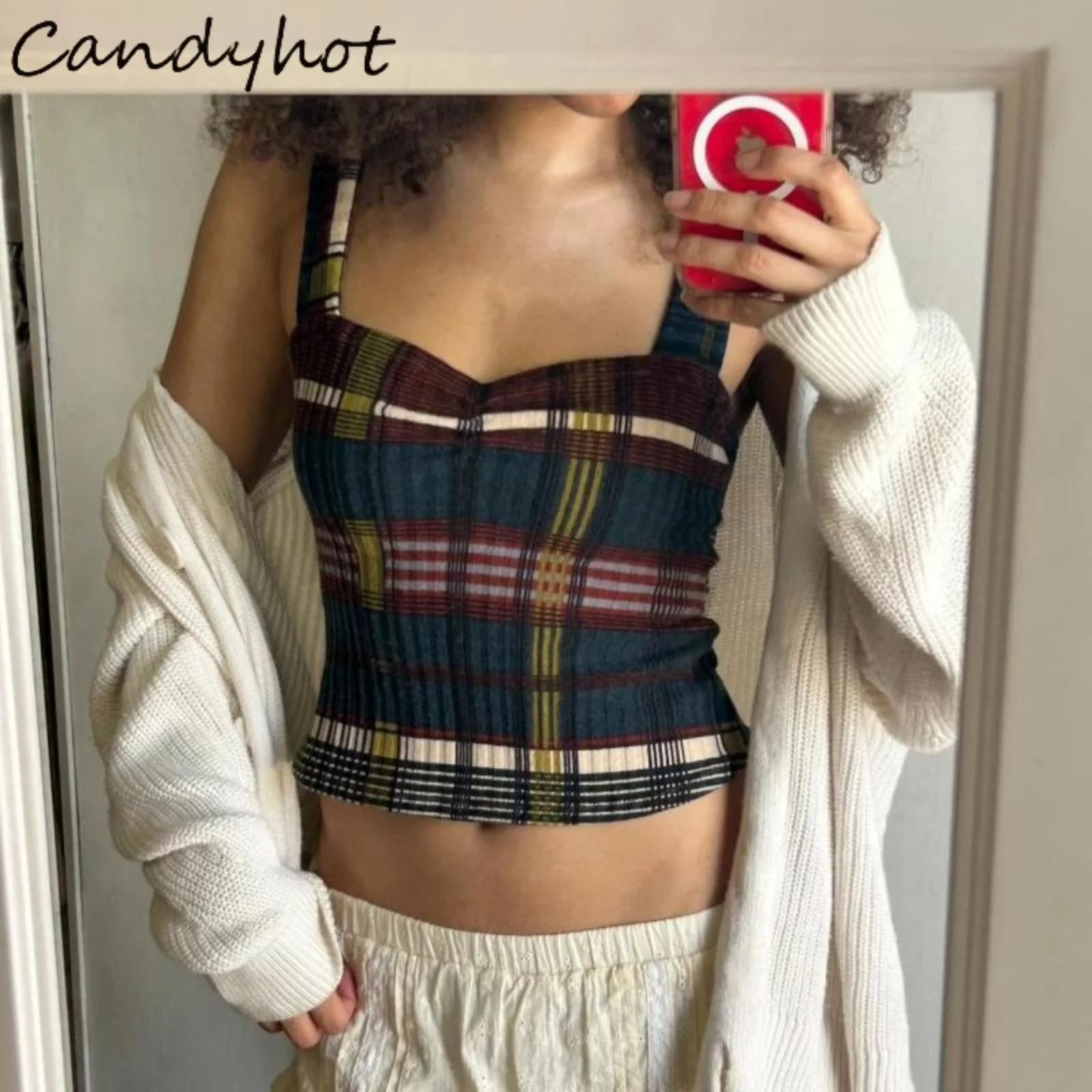 Candyhot Women Vintage Plaid Corset Tank Top Y2K Style Square Neck Sleeveless Backless Slim Crop Camisole Autumn New Street Vest