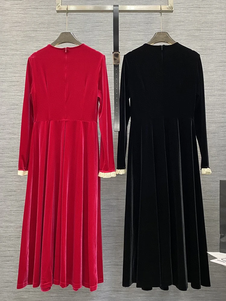 VGH Patchwork Diamonds Elegant Velvet Dress For Women Round Neck Long Sleeve High Waist Spliced Belt Temperament Dresses Female