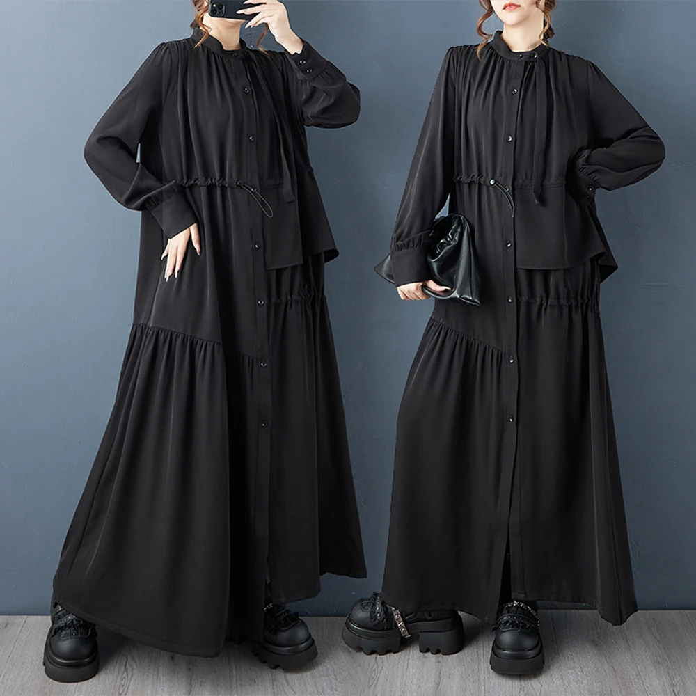 NYFS Lockeres, schwarzes Vintage-Hemdkleid in Übergröße, Herbst 2022, langärmelig, unregelmäßige Damenrobe