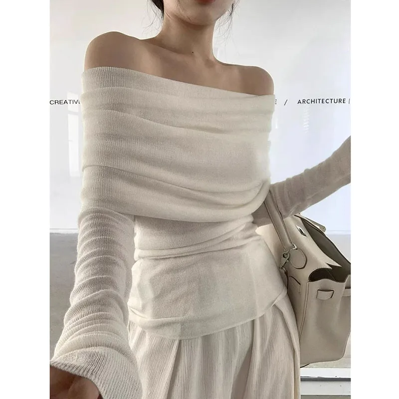 Aautumn Winter Off Shoulder Knitted Tops Women Elastic Skinny Slim Knit Pullover Sweaters Ladies Elegant Slash Neck Ribbed Shirt