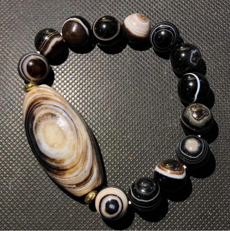 Energy Tibetan Old Agate Natural Silkworm Lines Healer Medicine dZi Beadbracelet