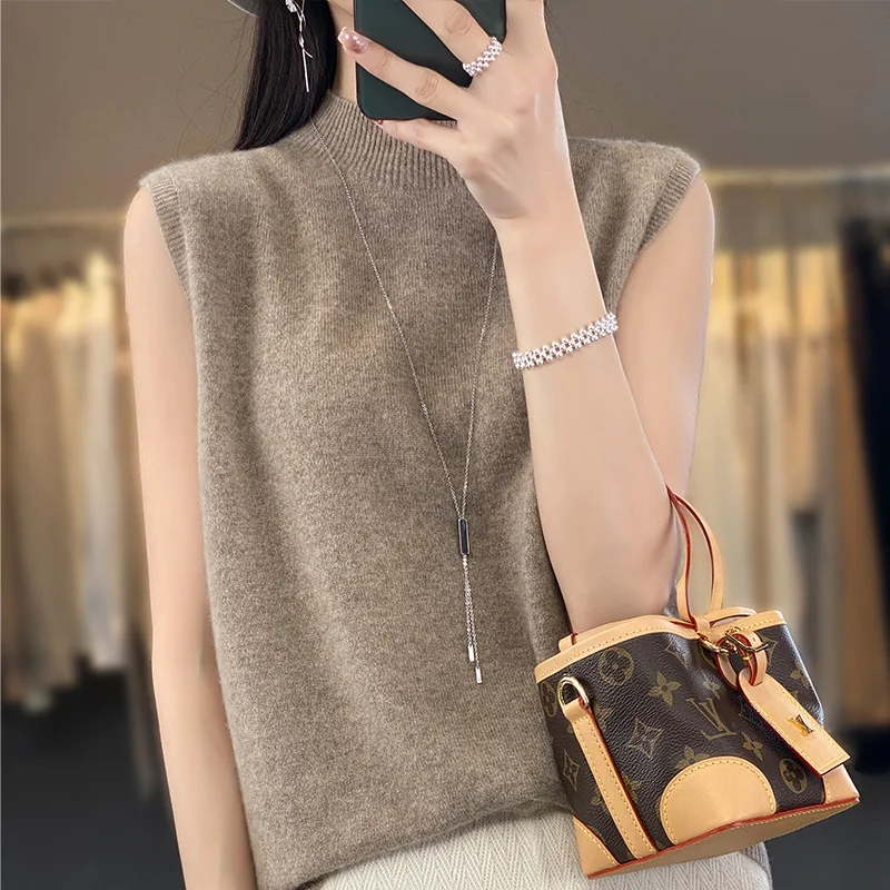 

Spring and summer new 100% wool women's sleeveless vest semi-high neck pullover sweater casual solid color soft fashion vest