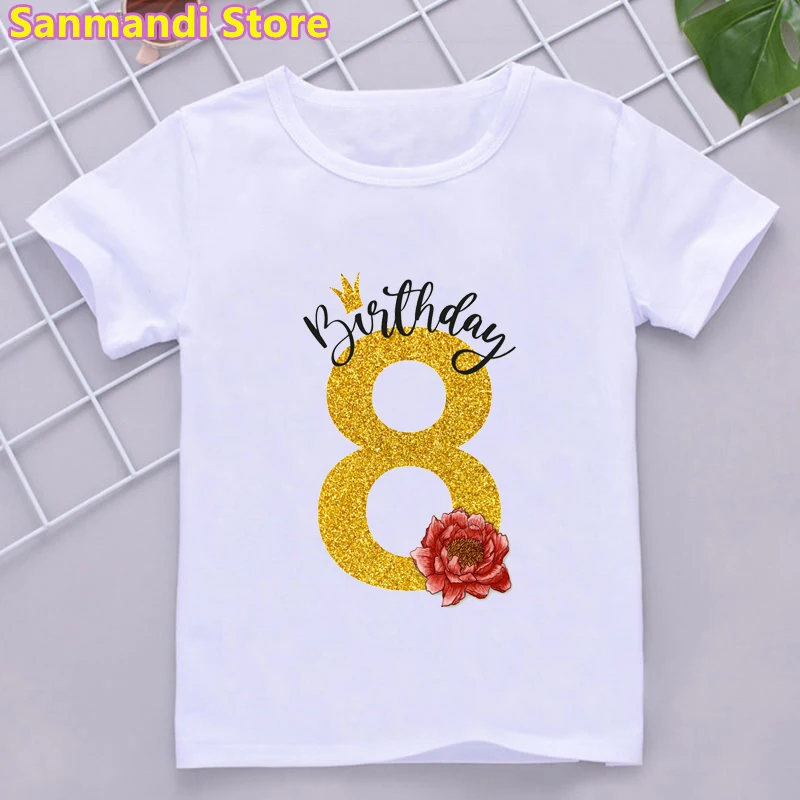 New Children's Clothing Golden Glitter Number 2-9 Rose Print Birthday Girl Tshirt Girls/Boys Kawaii Kids Clothes Girl Gift