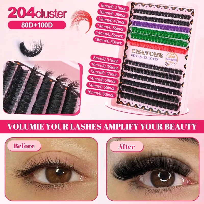 Halloween Lash Extenstion Set Cosplay Makeups Colour False Eyelashes Bond and Seal Colorful DIY Cluster Eyelash 80D+100D Mixed