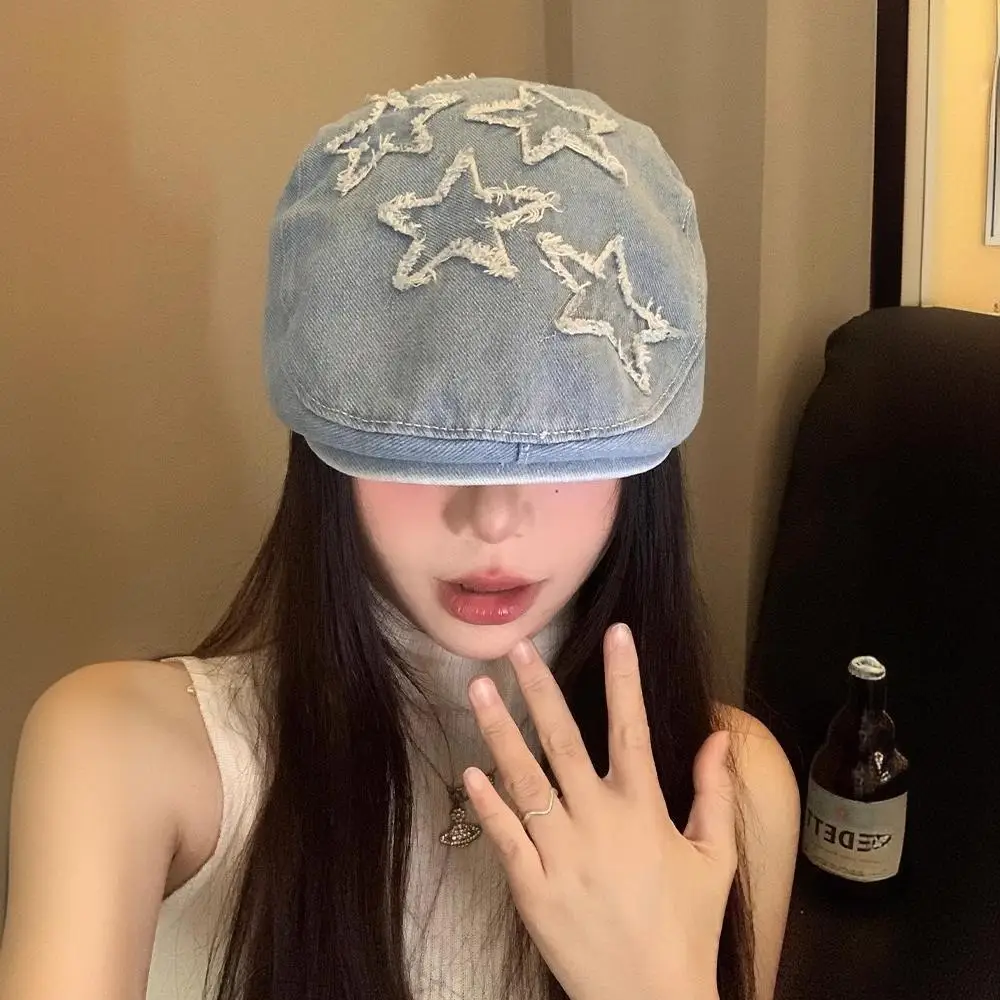 

Washed Denim Berets Women Newsboy Flat Caps Men Rhinestone Star British Duck Tongue Cap Artist Painter Berets