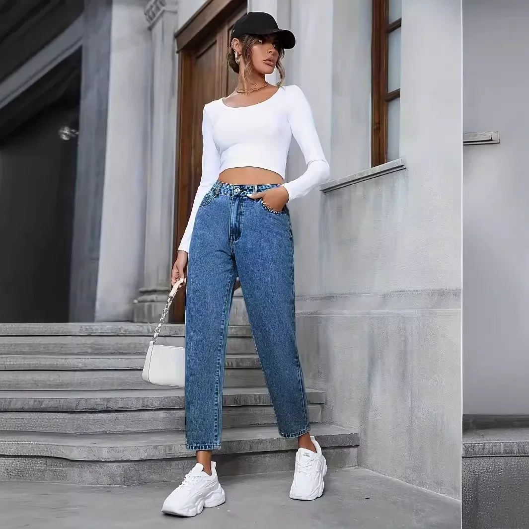 Damen-Jeans im Distressed-Look, Vintage-Stil, gerade, hohe Taille, knöchellange Hose, gewaschener Denim, Jeans mit Reißverschluss, gespleißt, lockere Passform, Basics