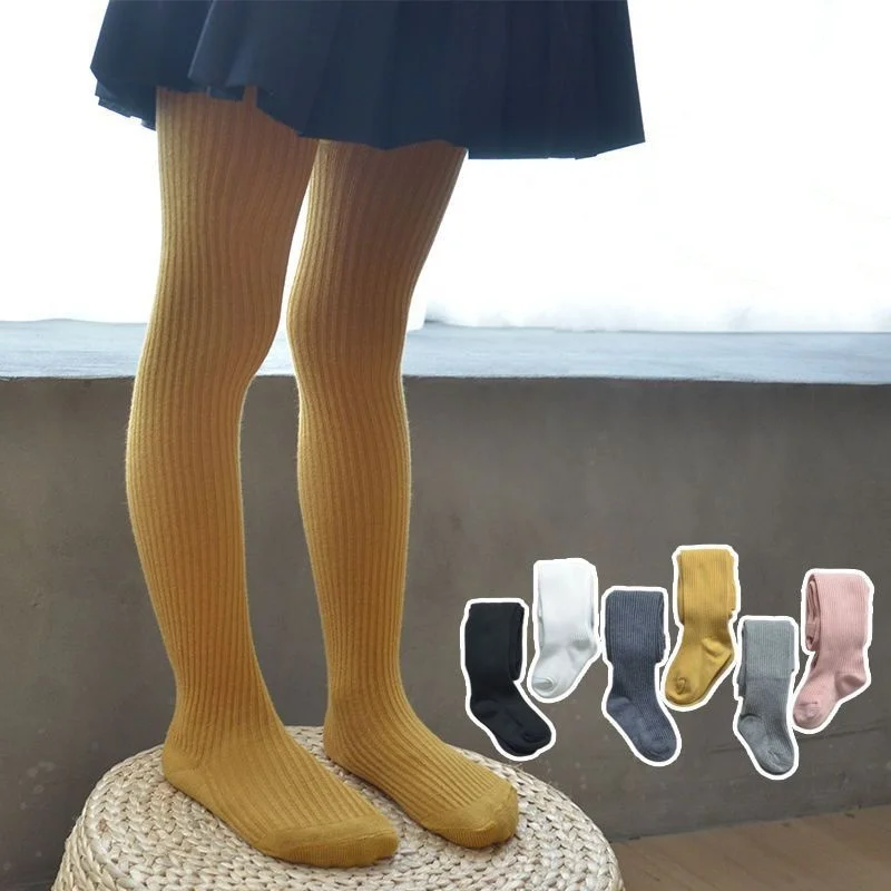 1-9 Years Girls Solid Color Cotton Tights Cute Baby Leggings Children's Knitted Pantyhose Daily Warm Stockings Spring Autumn New