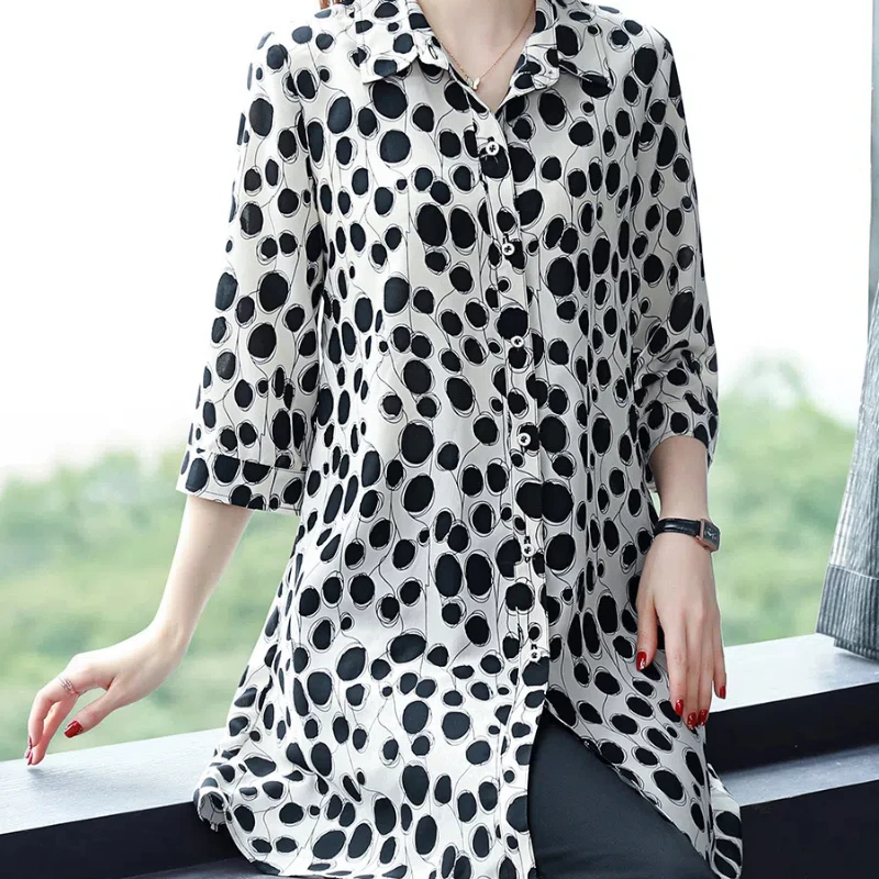 Simplicity Summer New Women's POLO Collar Print Single Breasted Fashion Casual Loose Mid-length 3/4 Sleeve Chiffon Shirt Tops