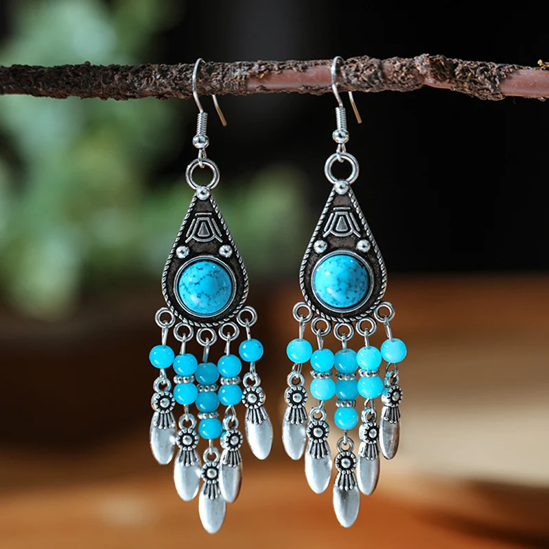 Vintage Ethnic Crystal Bead Water Drop Tassel Earrings for Women Elegant Handmade Silver Color Dangle Earring Female Jewelry