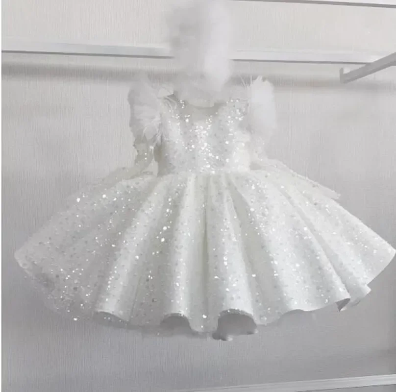 

First Birthday Party Dresses For Baby Girls White Princess for Wedding Dress Sequins Simple Children Performance Costumes