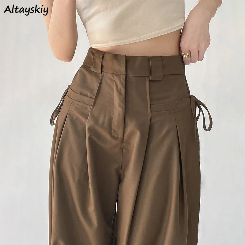 Women Baggy Casual Pants Solid Harajuku Daily Streetwear Drawstring Design Students High Street Vintage Wide Leg  Korean