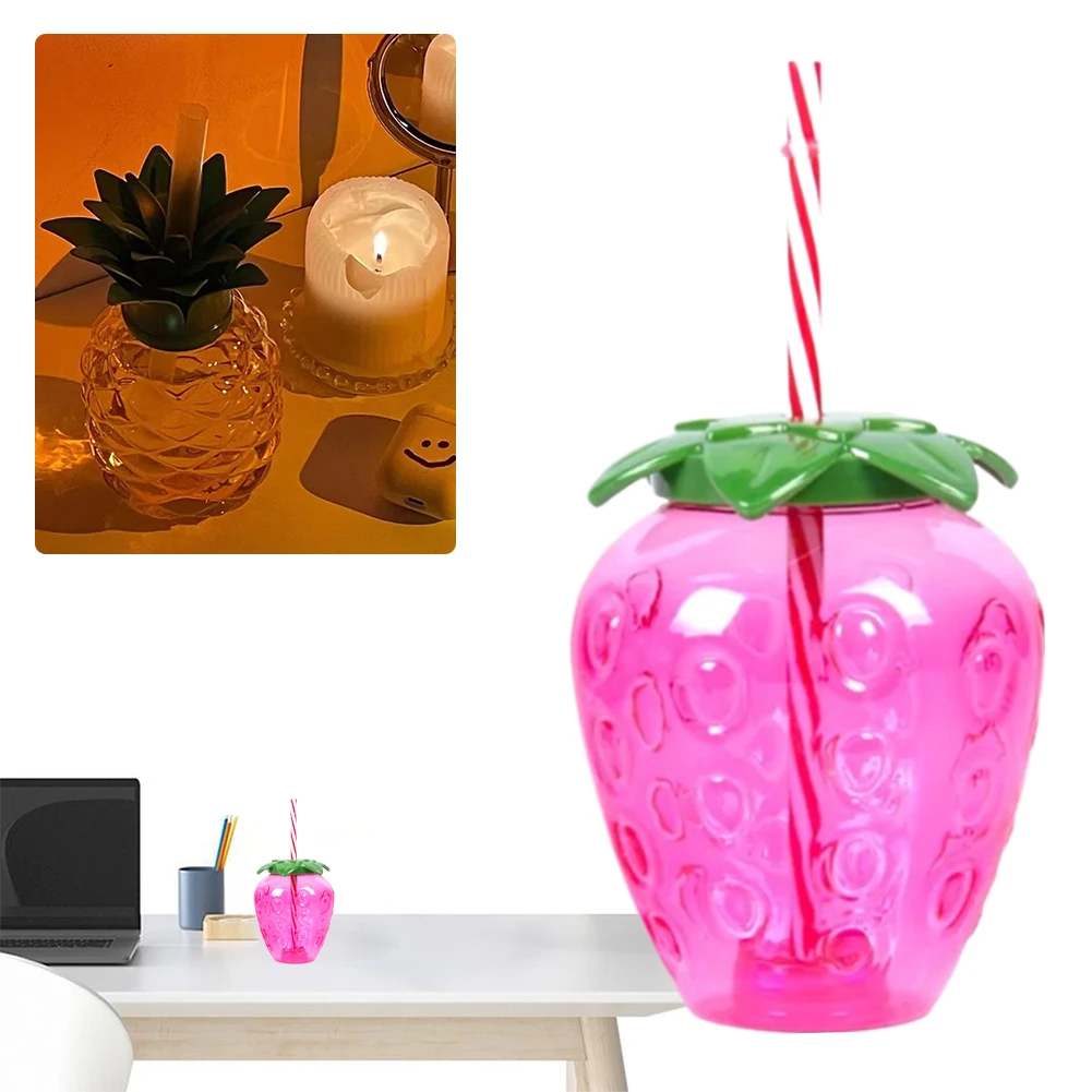 10Pcs Plastic Strawberry Pineapple Drinking Cup with Straw Water Cups Fruit Shape Luau Flamingo Summer Beach Pool Party Decor