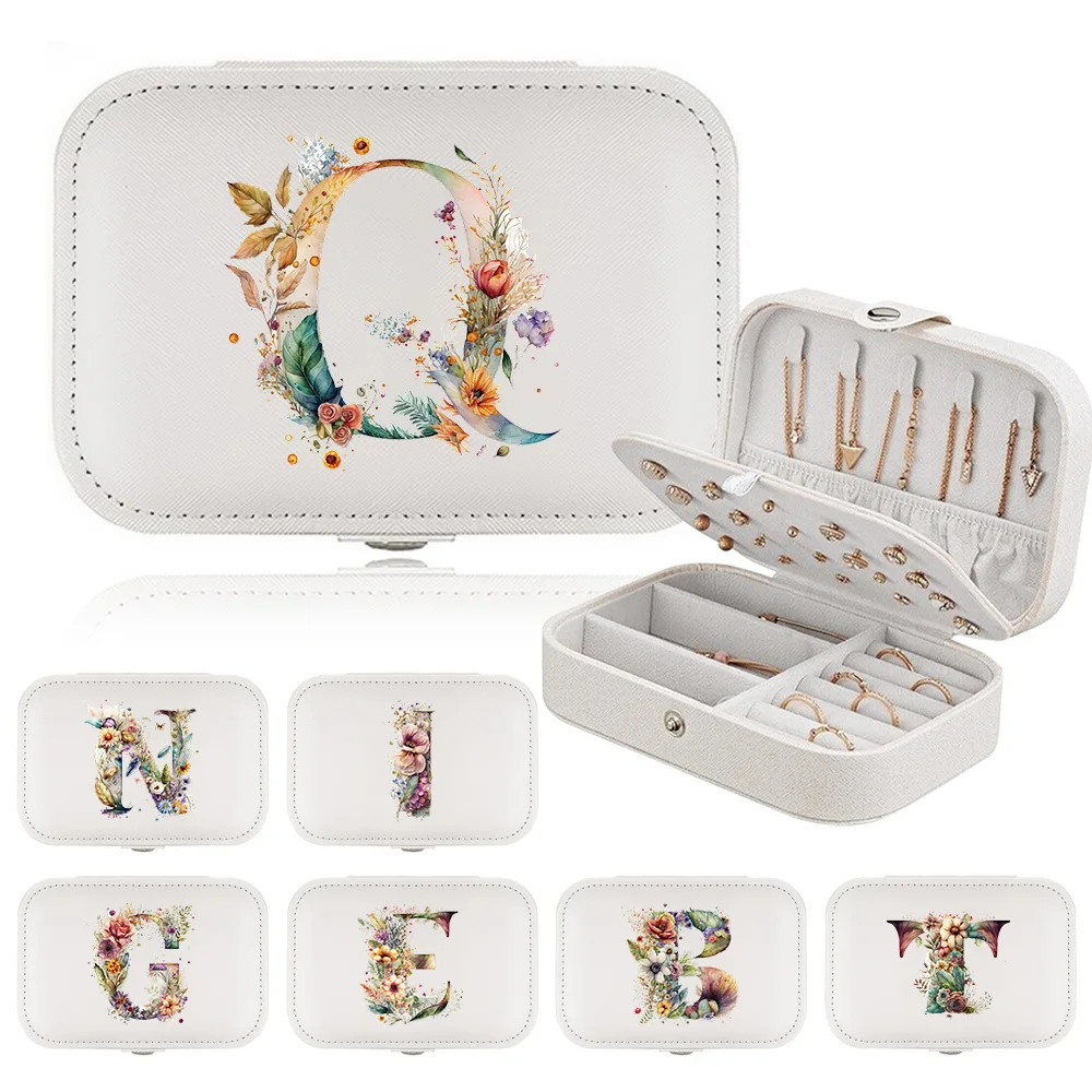 

Portable Waterproof Jewelry Earrings Storage Box Floral Letter Printing Pattern PU Leather Jewel Make Up Makeup Jewelry Box