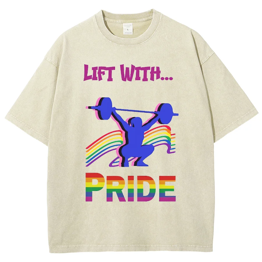 

Color Multi-Color T-Shirt Fashion Weightlifting Pride Rainbow Letter Print Round Neck Loose Retro Shoulder Short Sleeve