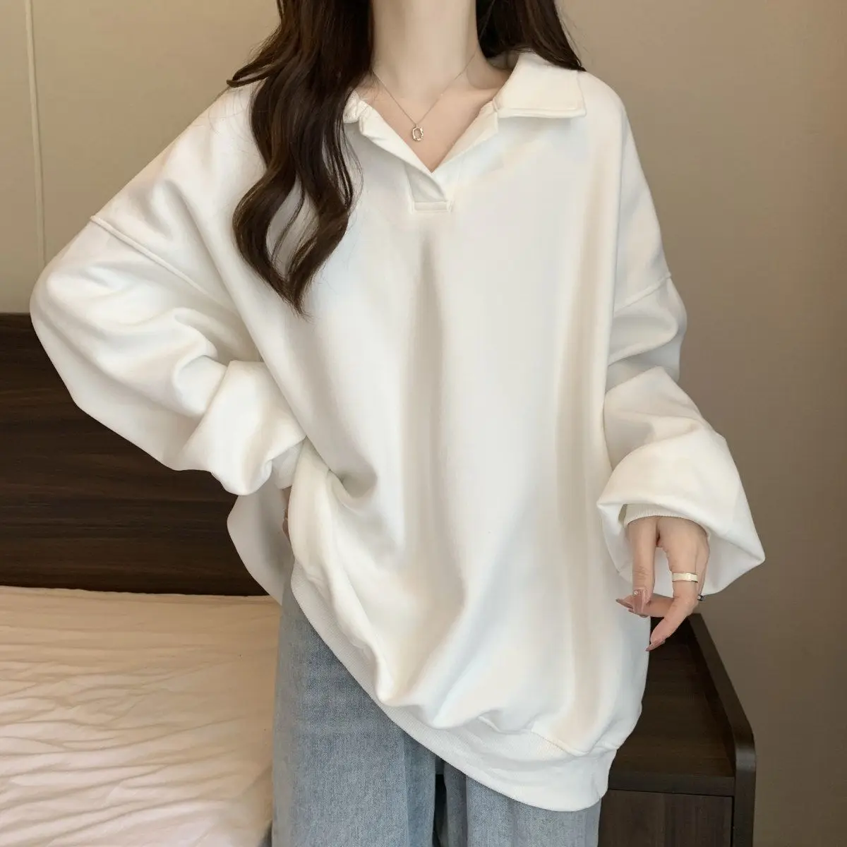 Women Collar Fleece Lined Sweatshirt Autumn Winter Long Sleeve Solid Color Loose Casual Warm Pullover Tops