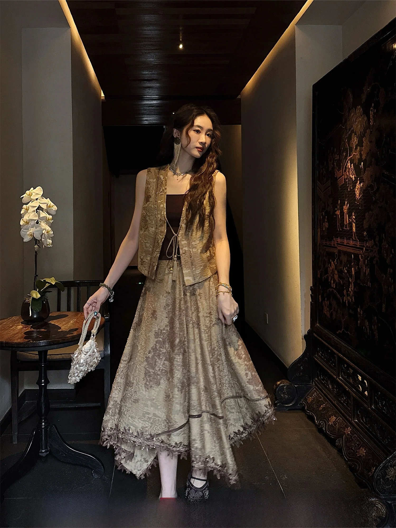 

Летний комплект Sanji Bla Flower: женская блузка с круглым вырезом на пуговицах, ручная вышивка, 3D цветочный узор, золотое термопереносное покрытие